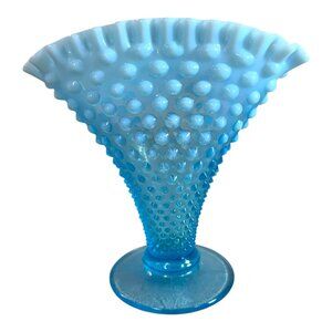 FENTON Blue Opalescent Hobnail Art Glass Fan Vase 7.5" Ruffled Edge Vintage
